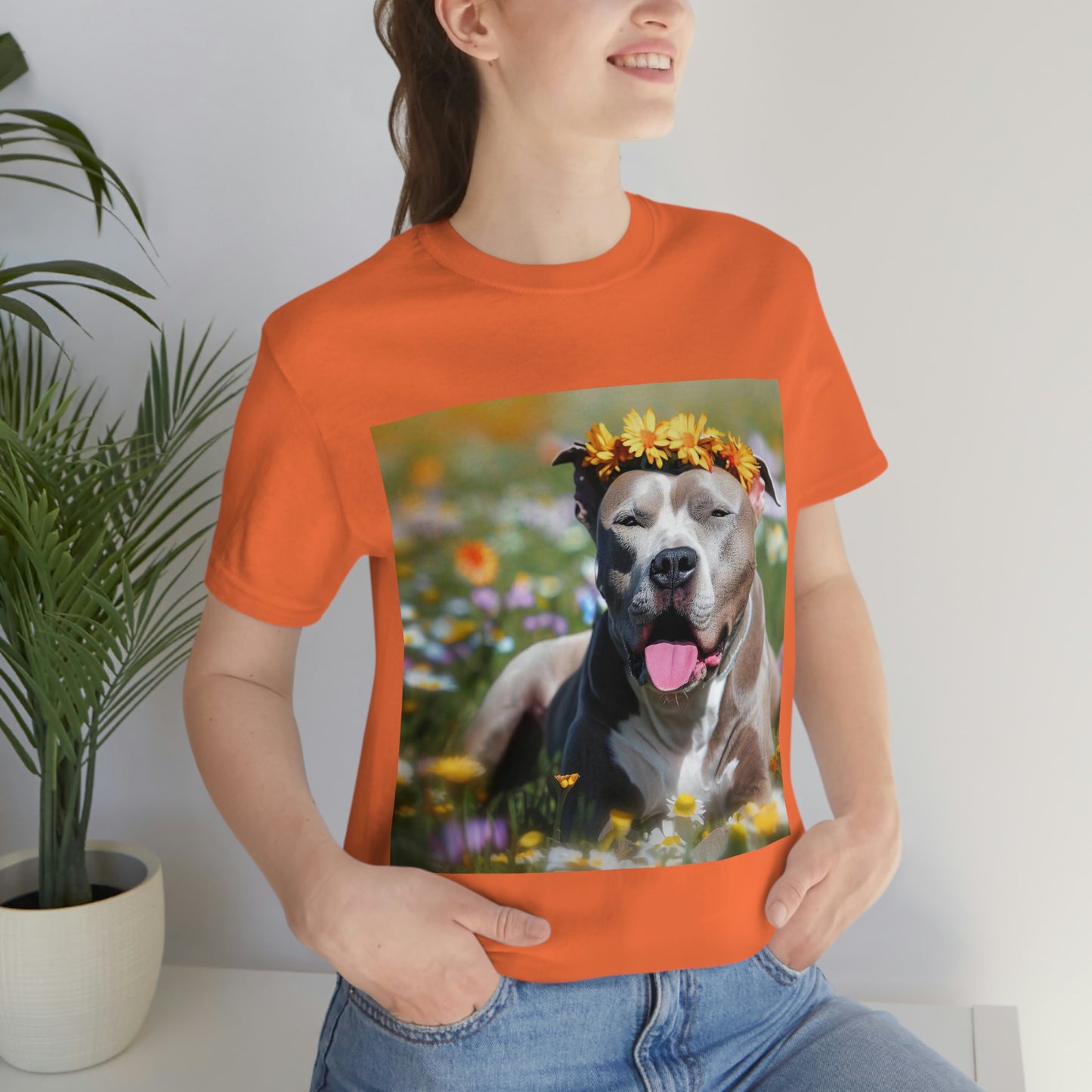 Pit Bull Laying in Meadow With Crown of Wildflowers