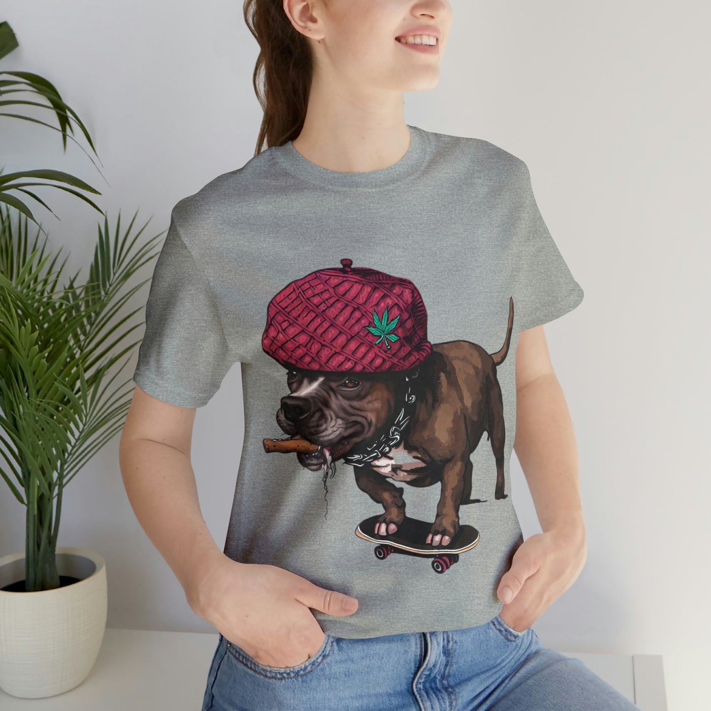 420 Friendly Skateboarding Pit Bull in Raspberry Pork Chop Hat