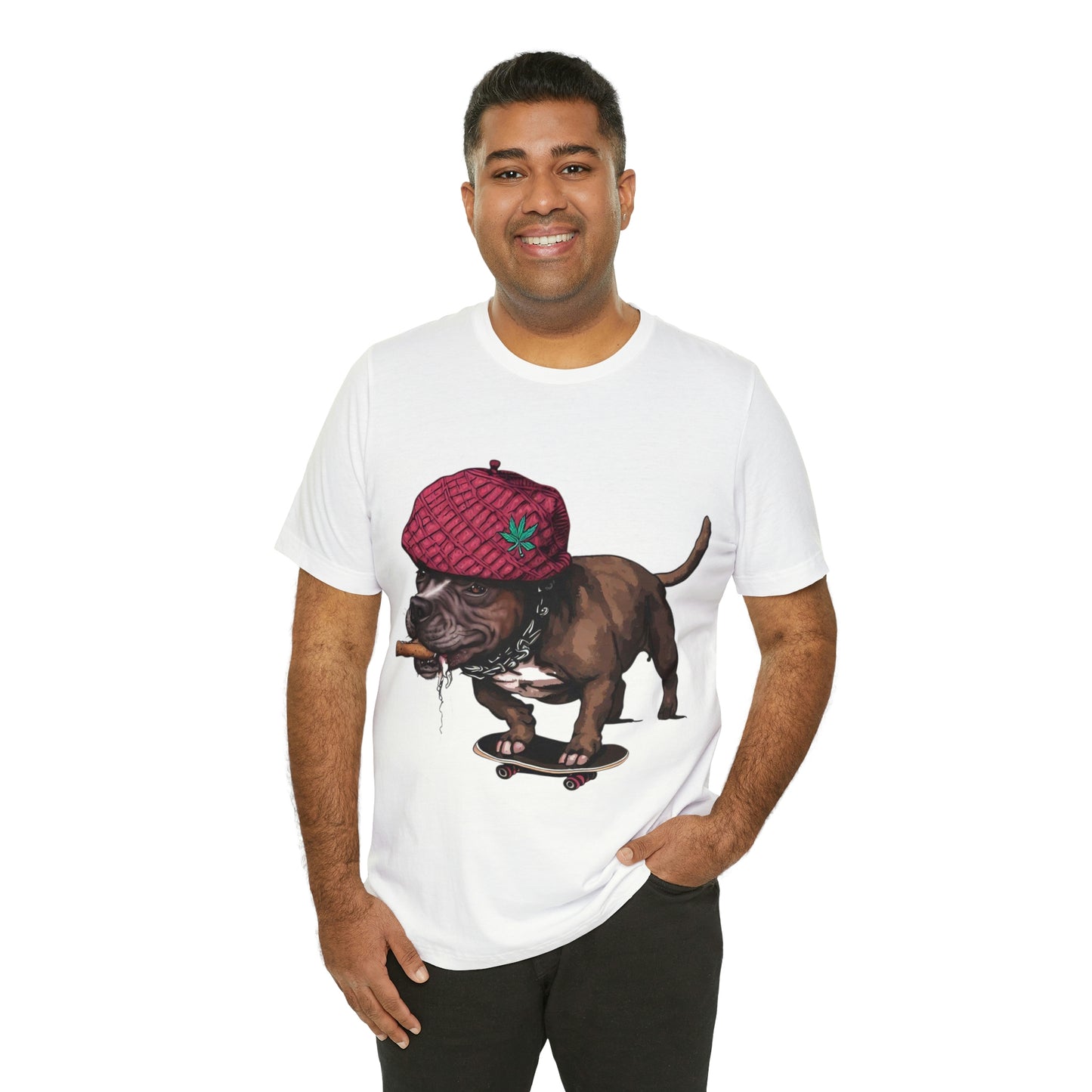 420 Friendly Skateboarding Pit Bull in Raspberry Pork Chop Hat