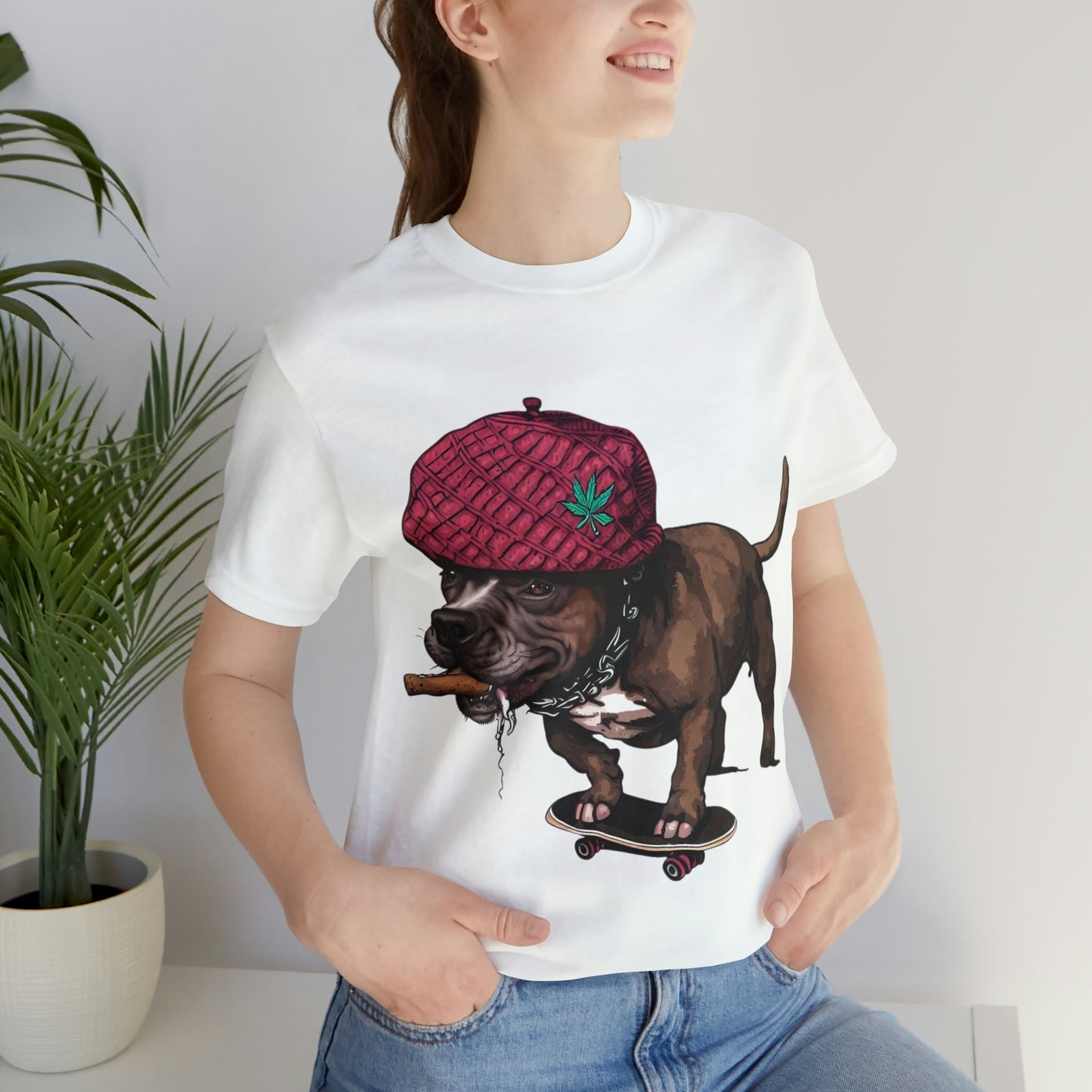 420 Friendly Skateboarding Pit Bull in Raspberry Pork Chop Hat