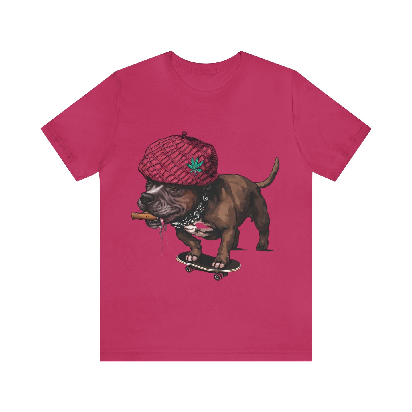 420 Friendly Skateboarding Pit Bull in Raspberry Pork Chop Hat